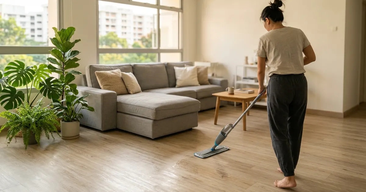 A figure from behind mopping a light vinyl plank floor in a living room