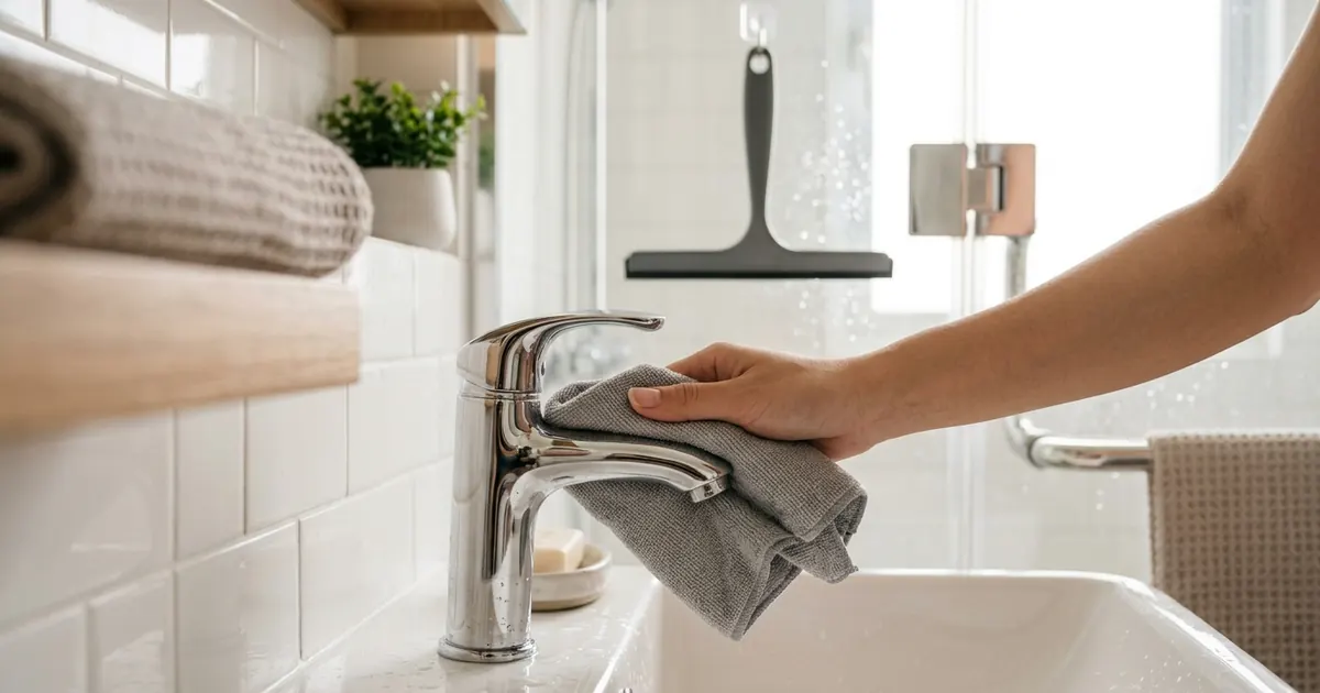 A hand polishing a chrome basin tap with a cloth in a bright bathroom