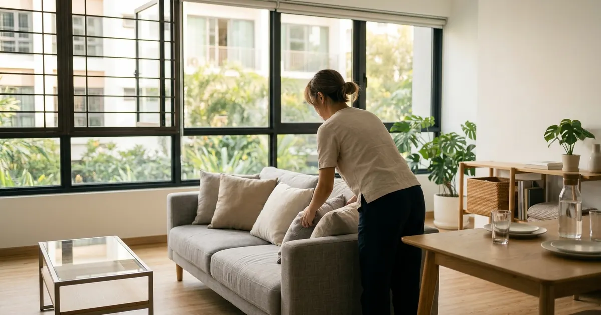 A figure from behind plumping sofa cushions in a living room ready for guests