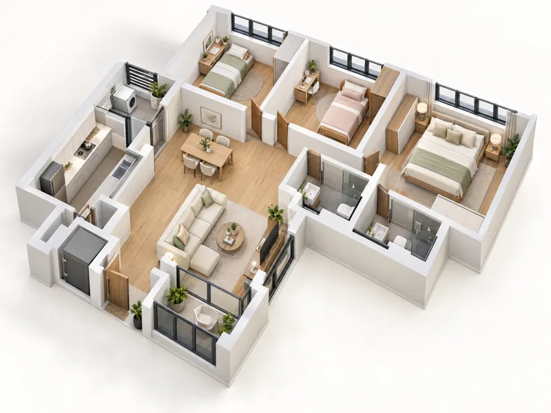 A furnished four-room flat seen from above: three bedrooms, two bathrooms, a kitchen, a service yard, a living and dining area and a balcony