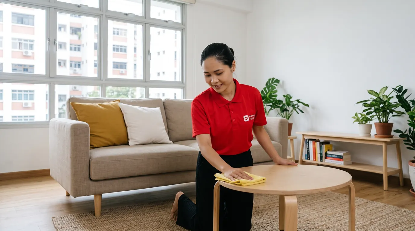 A HomeMaster Expert in a red uniform wiping a coffee table in a bright living room