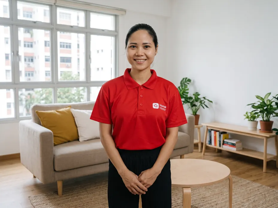 A smiling HomeMaster Expert in her red uniform