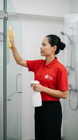 An Expert in a red uniform wiping a glass shower screen
