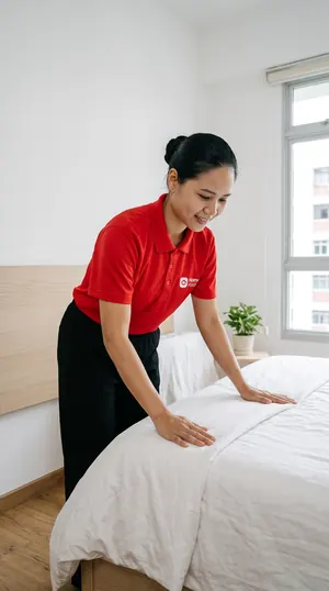 An Expert smoothing a white duvet on a bed