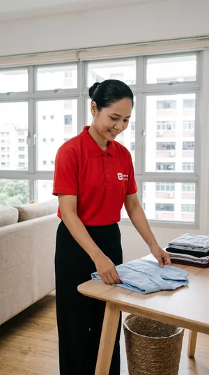 An Expert folding a light blue shirt on a table